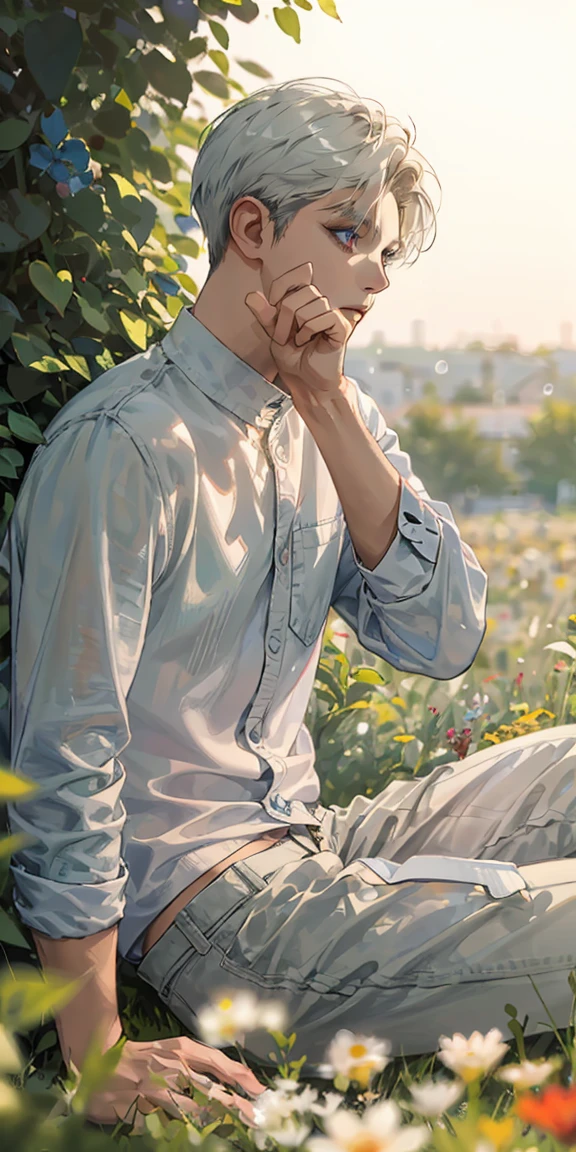 (masterpiece, best quality), 1 man with short white hair sitting in a field of green plants and flowers, his hand under his chin, warm lighting, white clothes, white pants, blurry foreground