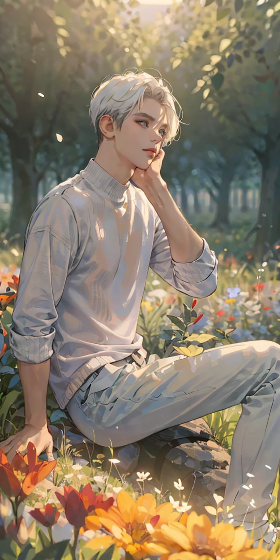 (masterpiece, best quality), 1 man with short white hair sitting in a field of green plants and flowers, his hand under his chin, warm lighting, white clothes, white pants, blurry foreground