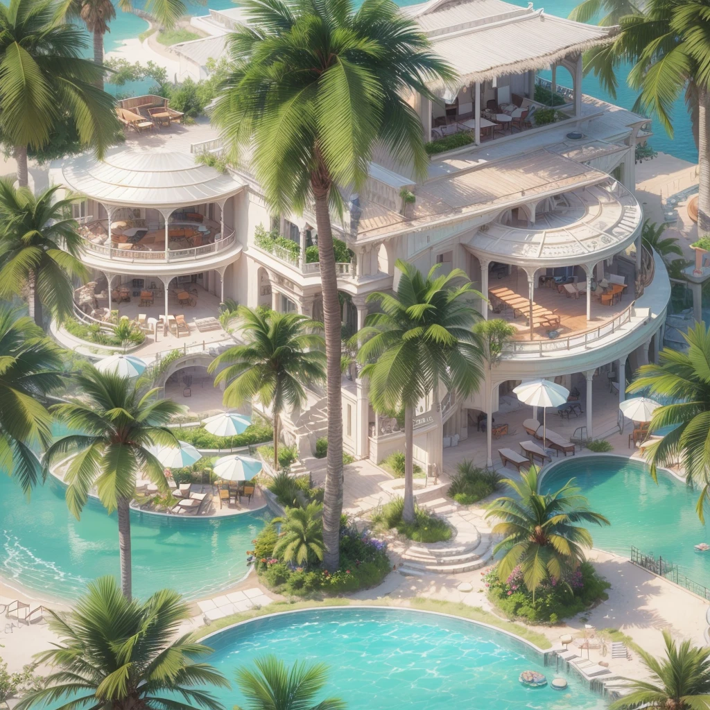 ５Star luxury resort hotel, I can see the sea, Palm tree, (highest quality,4K,8K,High resolution,masterpiece:1.2),Super detailed