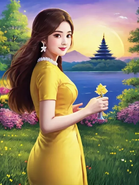 masterpiece, best quality, girl, solo, ((mature female)),, long hair, hair, princess,(upper yellow lower purple) silk dress blac...