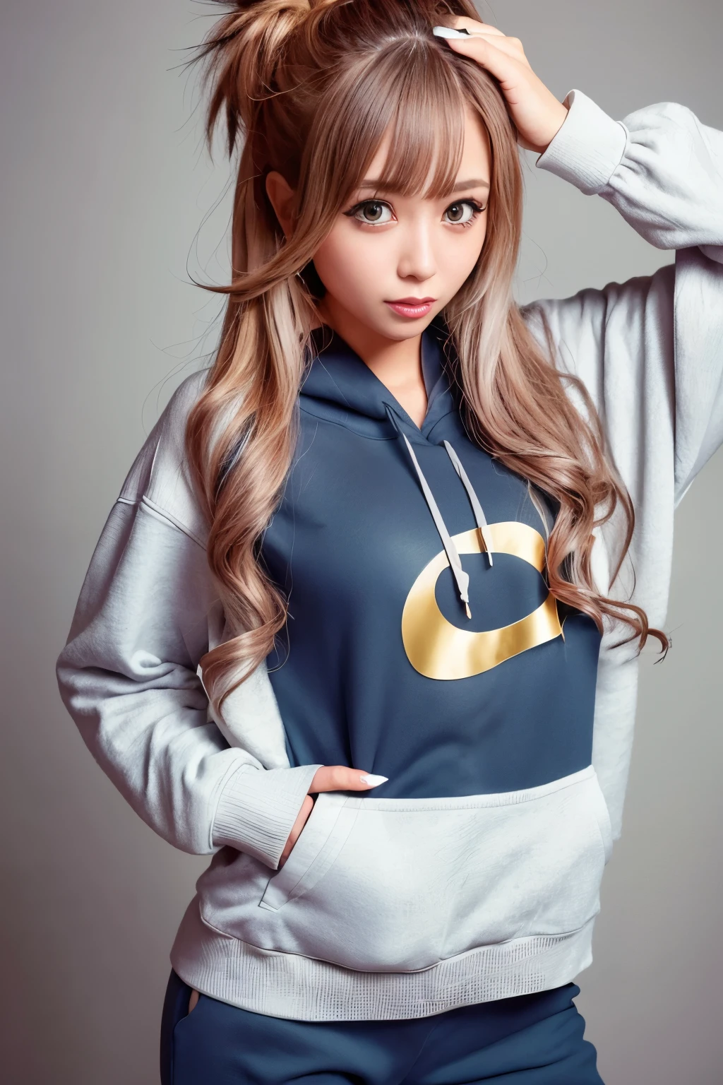 highest quality, realistic, super detailed, finely, High resolution, 8k wallpaper, 1 beautiful japanese girl, light brown messy hair, wearing a hoodie and pants, sharp focus, perfect dynamic composition, beautiful and fine eyes, fine hair, Detailed realistic skin texture, smile, close-up portrait, model body shape