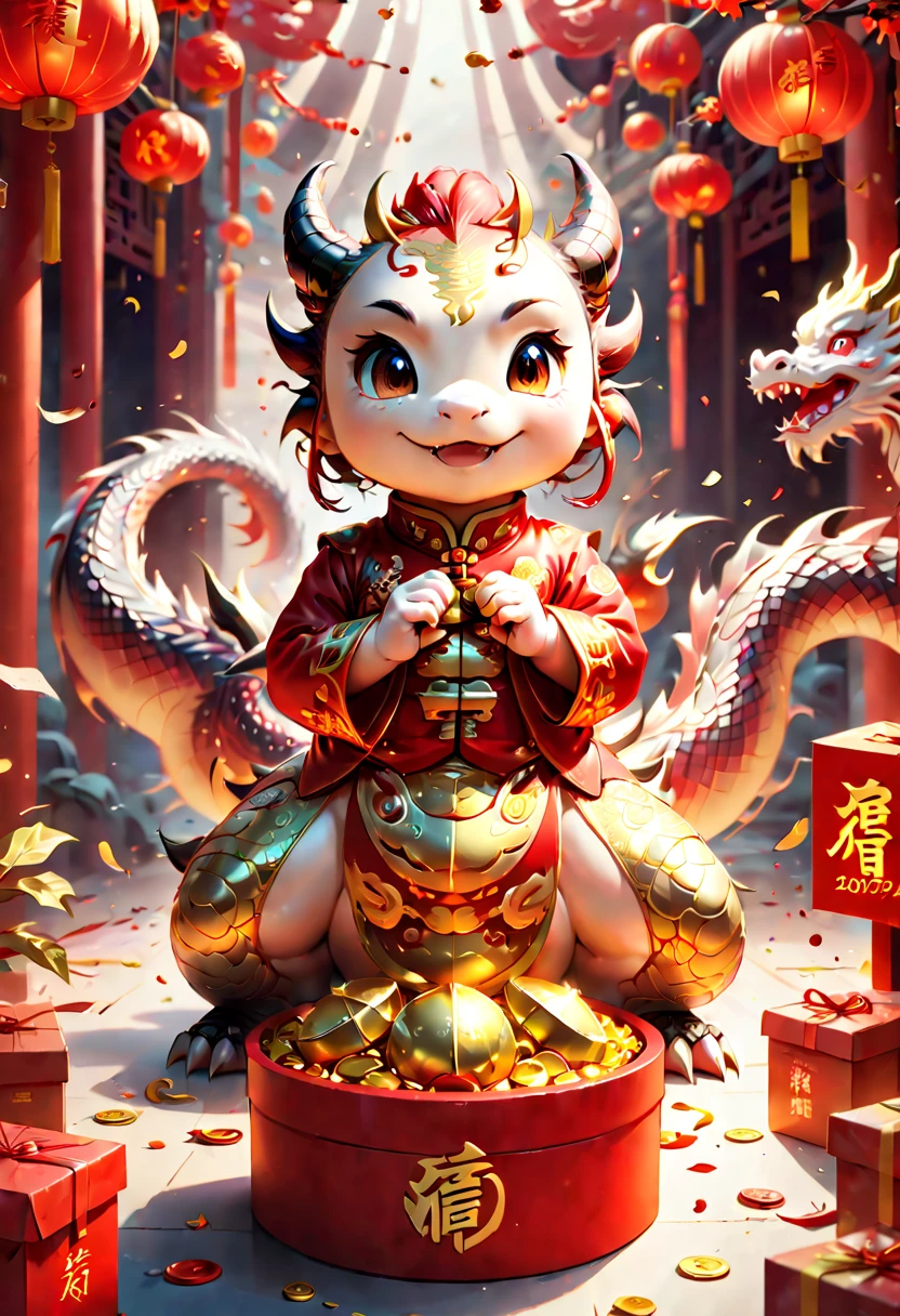 Chinese New Year, cute dragon cub, red clothes, gold coins, red envelopes, open door welcome, confetti, firecrackers, lanterns, strong festive atmosphere, Chinese greeting, Chinese elements, panoramic view, Ultra high saturation, (best quality, masterpiece, Representative work, official art, Professional, 8k)