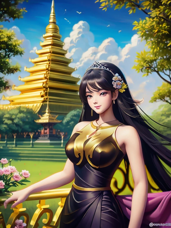 masterpiece, best quality, girl, solo, ((mature female)),, long hair, hair, princess, black dress(dress) (golden dress) fantasy, happy, looking at viewer, cartoon, anime, (oil painting)Burmese girl, 18 years old, Bagan pagoda view background, clear Hd 8k