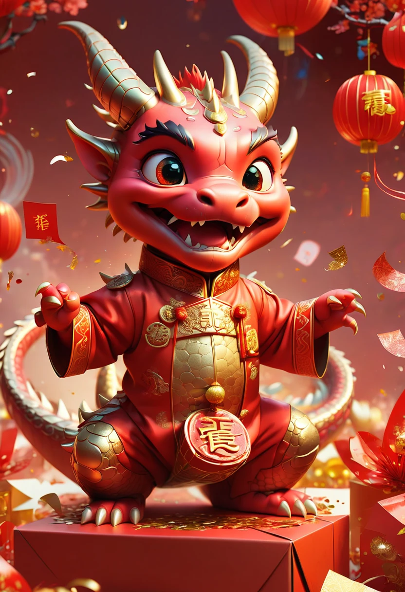 Chinese New Year, cute dragon cub, red clothes, gold coins, red envelopes, open door welcome, confetti, firecrackers, lanterns, strong festive atmosphere, Chinese greeting, Chinese elements, panoramic view, Ultra high saturation, (best quality, masterpiece, Representative work, official art, Professional, 8k)