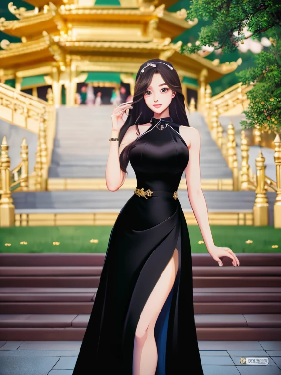 obra de arte, melhor qualidade, Garota, Sozinho, ((mulher madura)),, long cabelo, cabelo, princess, black vestir(vestir) (golden vestir) fantasia, feliz, Olhando para o visualizador, Desenho animado, anime, (pintura a óleo)Burmese Garota, 1, Fundo de visualização do gráfico de pagode, limpar HD 8k