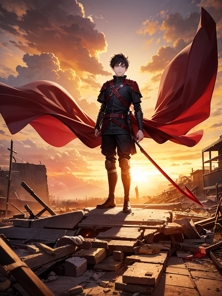 16 year old boy with a red theme outdoors in the yellowish sunset amidst the destruction of war all with a medieval theme the boy is holding a spear ,He is in the middle of the battlefield with his eyes shining 