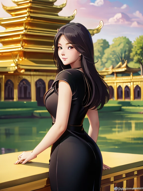 masterpiece, best quality, girl, solo, ((mature female)),, long hair, hair, princess, black dress(dress) (golden dress) fantasy, happy, looking at viewer, cartoon, anime, (oil painting)Burmese girl, 18 years old, Bagan pagoda view background, clear Hd 8k