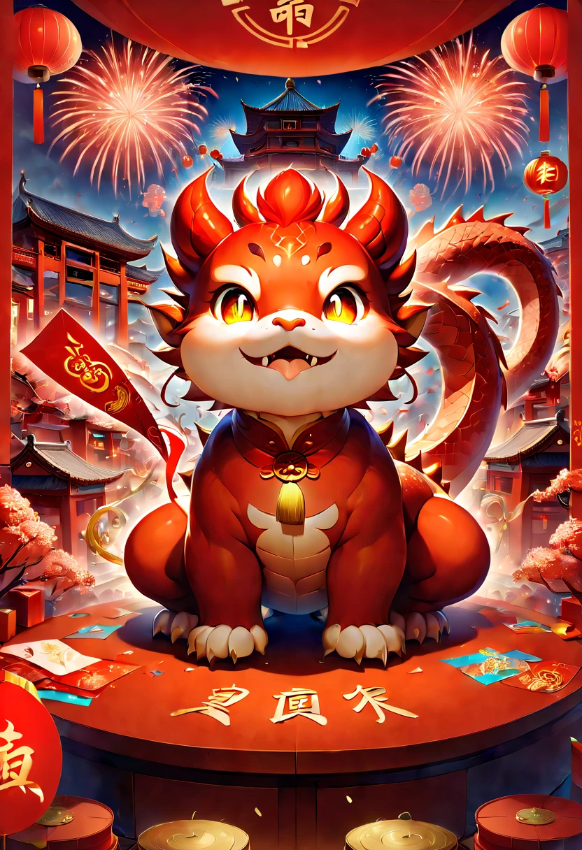 text "China", Chinese New Year "2024", dragon cub mascot, red clothes, Chinese bowing, spit out many golds, red envelopes, fireworks, confetti, strong festive atmosphere, Chinese elements, panoramic view, Ultra high saturation, (best quality, masterpiece, Representative work, official art, Professional, 8k)