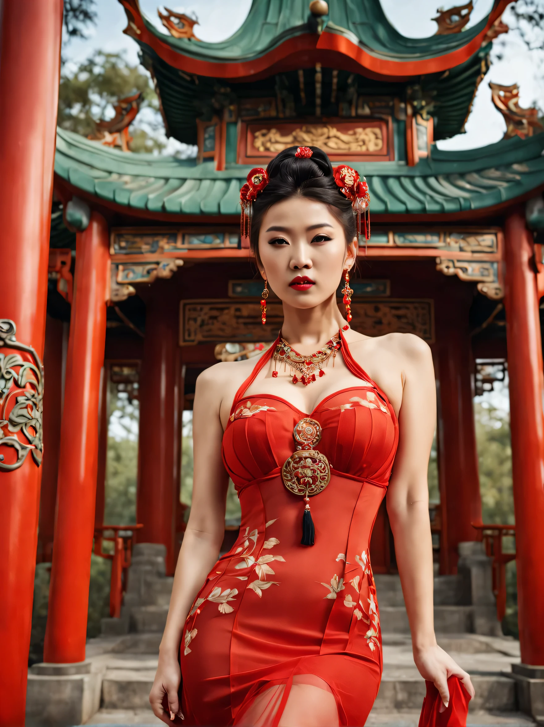 beautiful Chinese  busty woman Wearing a tight-fitting Chinese red gauze dress with beautiful accessories. Fashion style inspired by Vivienne Tam sexy pose background, Chinese shrine, take photos with style GenresArt Nouveau Art Nouveau ,full body shot,low angle
