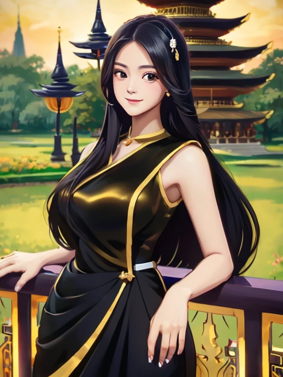 masterpiece, best quality, girl, solo, ((mature female)),, long hair, hair, princess, black dress(dress) (golden dress) fantasy, happy, looking at viewer, cartoon, anime, (oil painting)Burmese girl, 18 years old, Bagan pagoda view background, clear Hd 8k