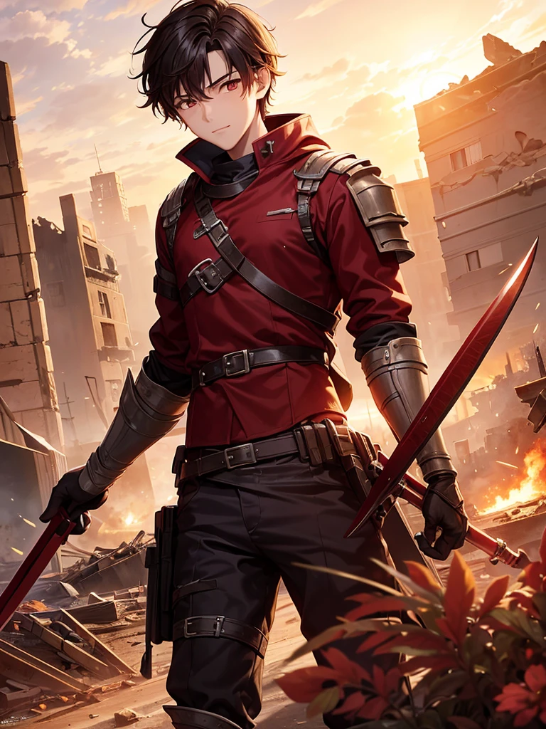 16 year old boy with a red theme outdoors in the yellowish sunset amidst the destruction of war all with a medieval theme the boy is holding two deadly blades  ,he is in a completely destroyed place in the middle of the battlefield 