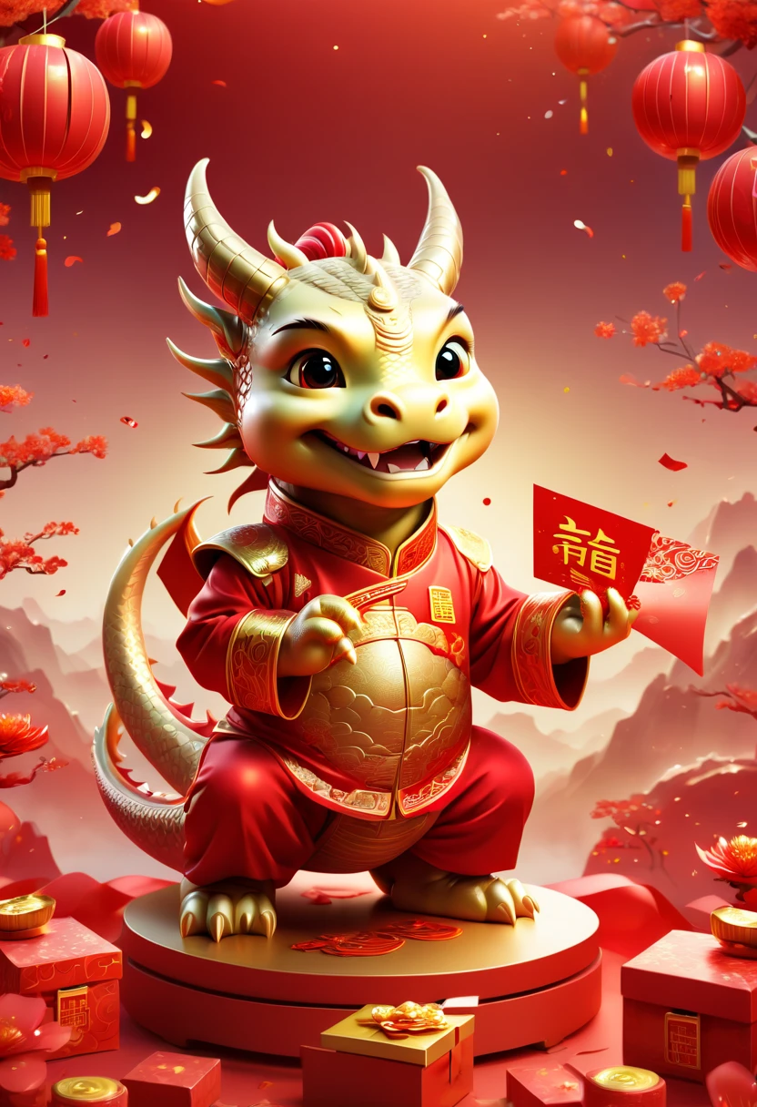 Chinese New Year, cute dragon cub, red clothes, gold coins, red envelopes, open door welcome, confetti, firecrackers, lanterns, strong festive atmosphere, Chinese greeting, Chinese elements, panoramic view, Ultra high saturation, (best quality, masterpiece, Representative work, official art, Professional, 8k)