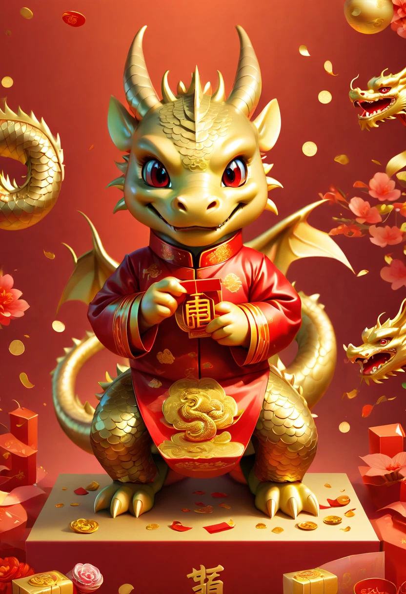 Chinese New Year, cute dragon cub, red clothes, gold coins, red envelopes, open door welcome, confetti, firecrackers, lanterns, strong festive atmosphere, Chinese greeting, Chinese elements, panoramic view, Ultra high saturation, (best quality, masterpiece, Representative work, official art, Professional, 8k)