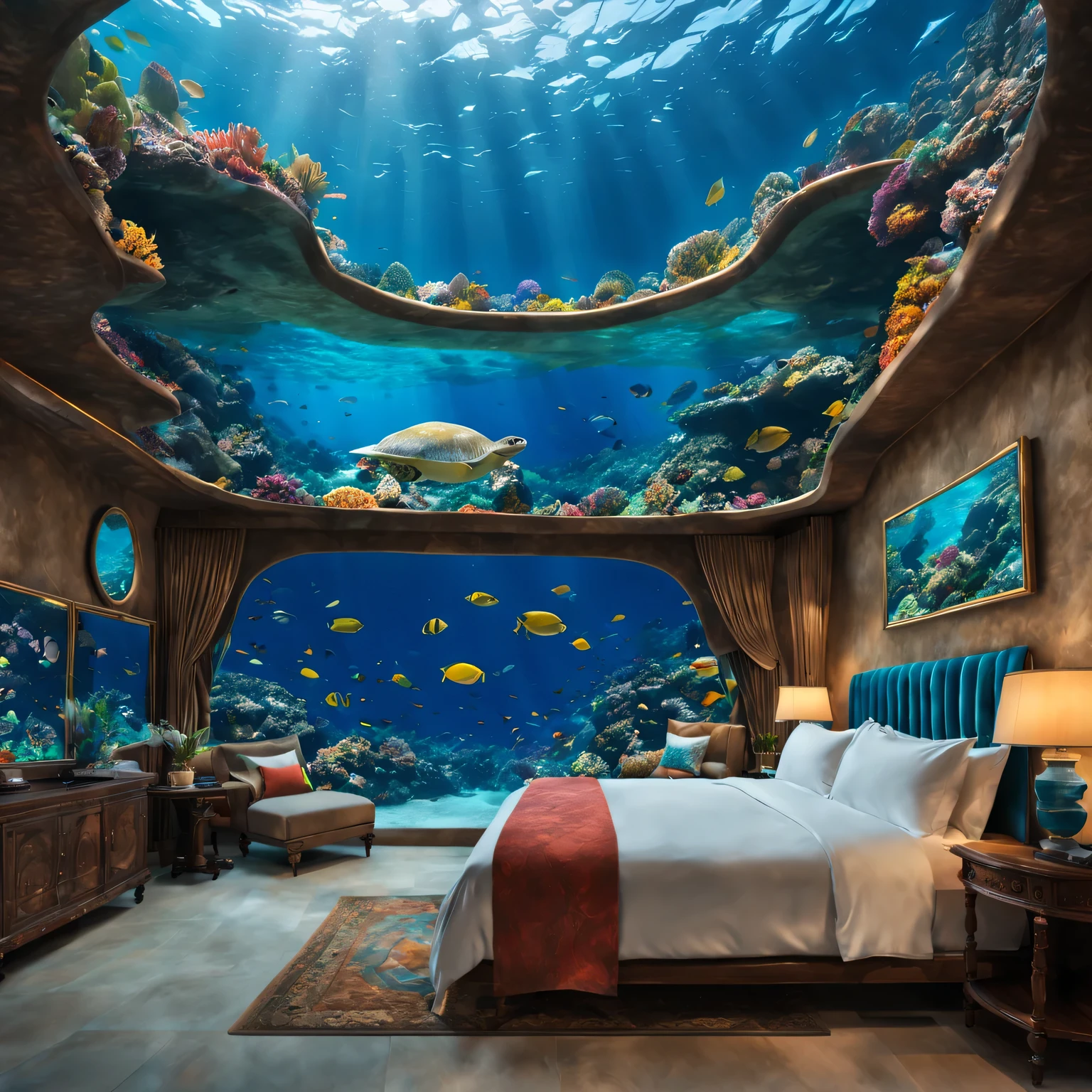 A close up of a bed in a room with a fish tank SeaArt AI