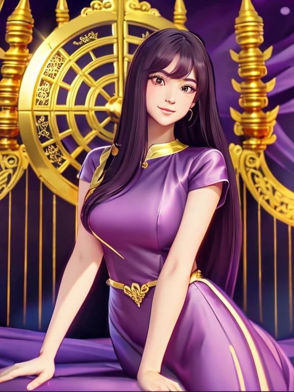 artesanato de primeira,  garota solo  ((fêmea adulta)),  cabelos longos,  atriz, corpo preto superior, corpo inferior vestido roxo (vestido dourado) (vestido dourado) fantasia,  feliz assistindo o espectador;  desenho animado anime  (pintura a óleo) Garota birmanesa, 1, Fundo de visualização do gráfico de pagode, HD 8k claro

￼

￼