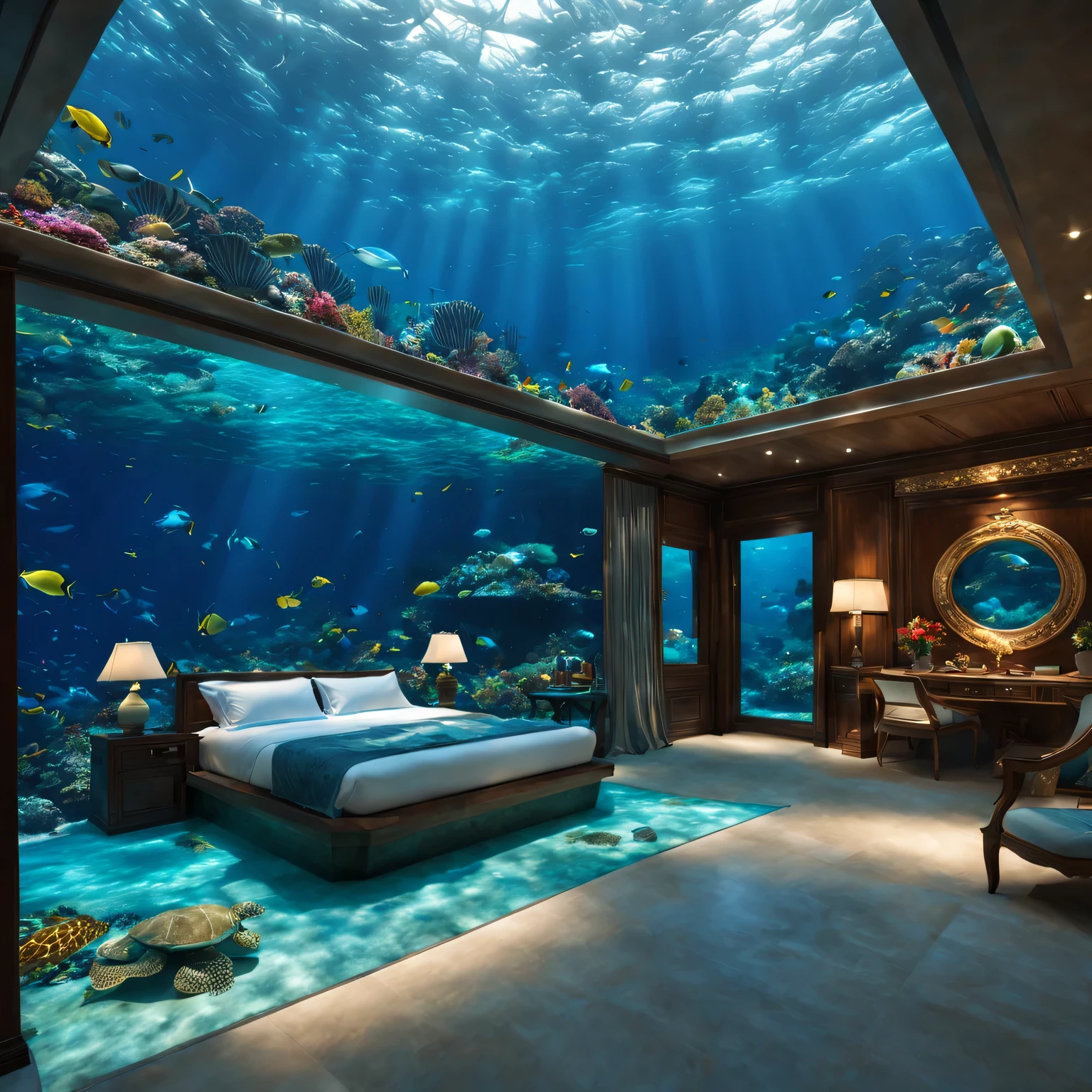 A Close Up Of A Bed In A Room With A Fish Tank - Seaart Ai