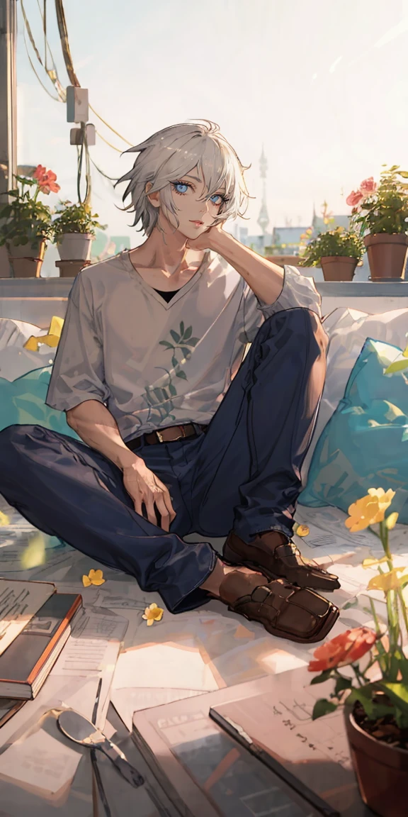 (masterpiece, best quality), 1 man with short white hair sitting in a field of green plants and flowers, his hand under his chin, warm lighting, white clothes, white pants, blurry foreground