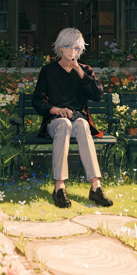 (masterpiece, best quality), 1 man with short white hair sitting in a field of green plants and flowers, his hand under his chin, warm lighting, white clothes, white pants, blurry foreground