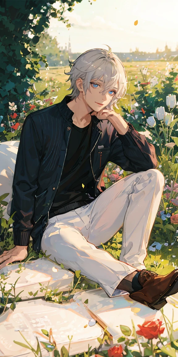 (masterpiece, best quality), 1 man with short white hair sitting in a field of green plants and flowers, his hand under his chin, warm lighting, white clothes, white pants, blurry foreground