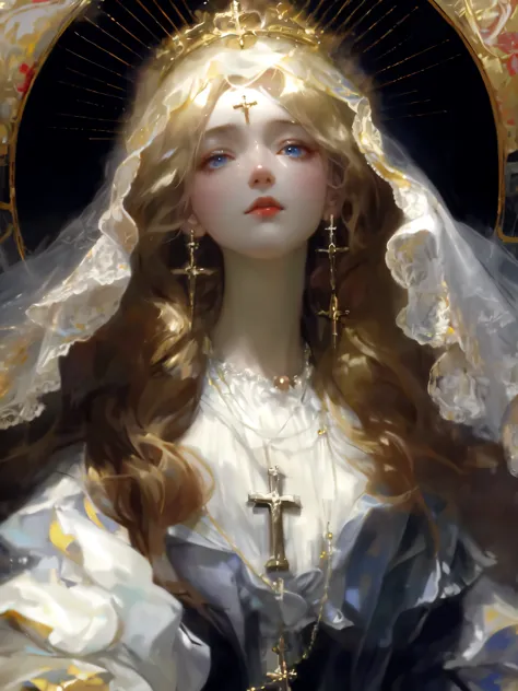 The painting shows a person wearing a veil、woman holding cross in hand, Gurwitz Masterpiece, guweiz, guweiz on pixiv artstation,...