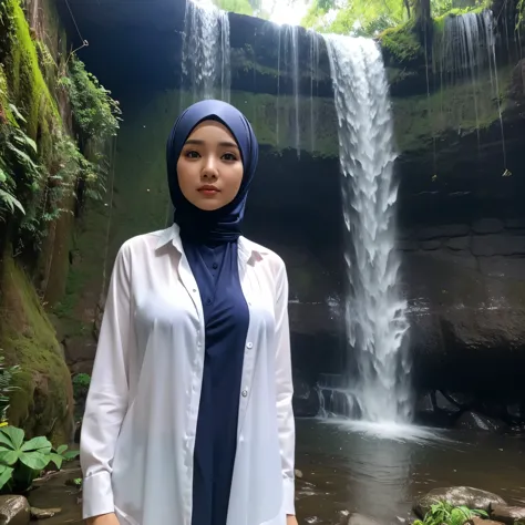 25 years old, Hijab Indonesian mature woman, Medium breasts, Long sleeved shirt, Exposed to rain, Waterfall, Bright light, during the day