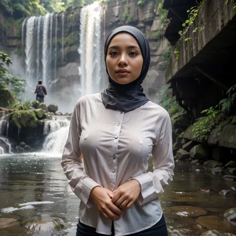 25 years old, Hijab Indonesian mature woman, Medium breasts, Long sleeved shirt, Exposed to rain, Waterfall, Bright light, during the day