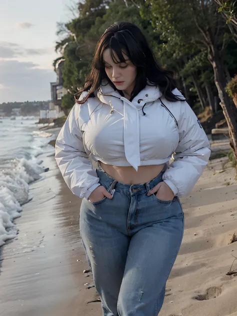 Beautiful black haired white bbw women, with huge breasts, wearing a big winter jacket, a crop top and jeans, taking a walk by the beach, hands in her pockets