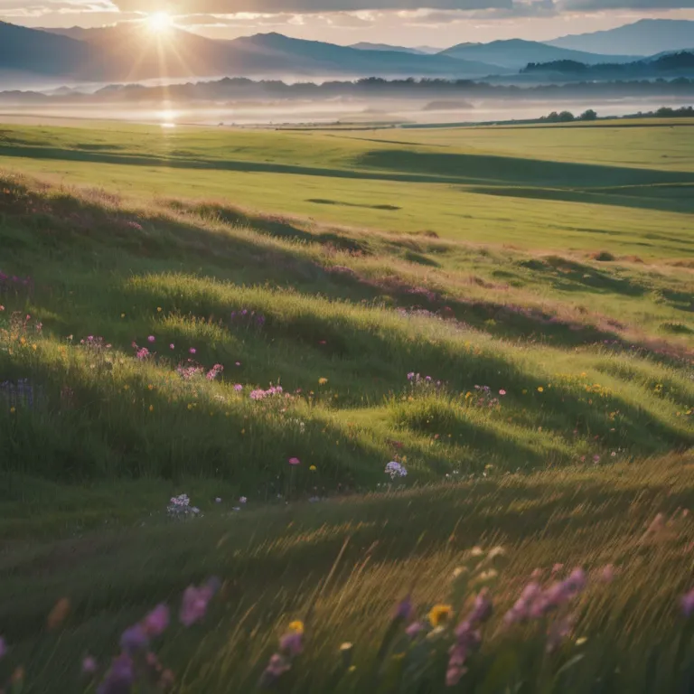 a morning symphony of meadow flowers in the bright rising blinding sun. view through the grass and flowers. blurred background. ...