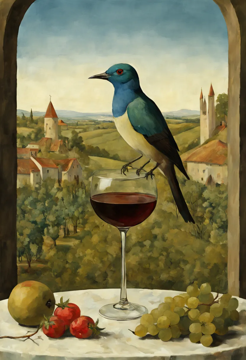 there is a glass of wine with a bird in it, inspired by konstantin somov, inspired by vittore carpaccio, digital collage, surrea...