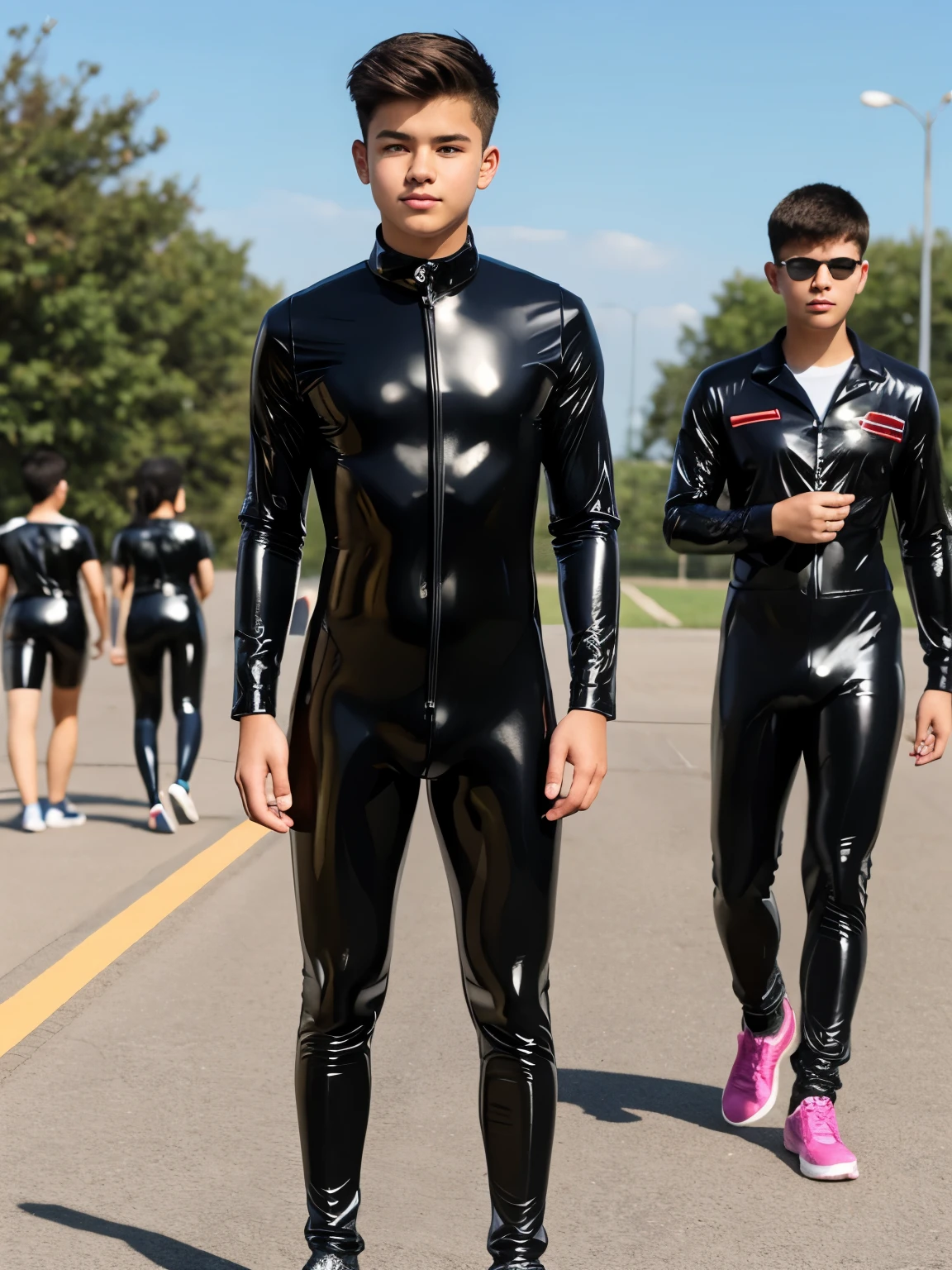 Two men in latex suits walking down a street with a woman - SeaArt AI