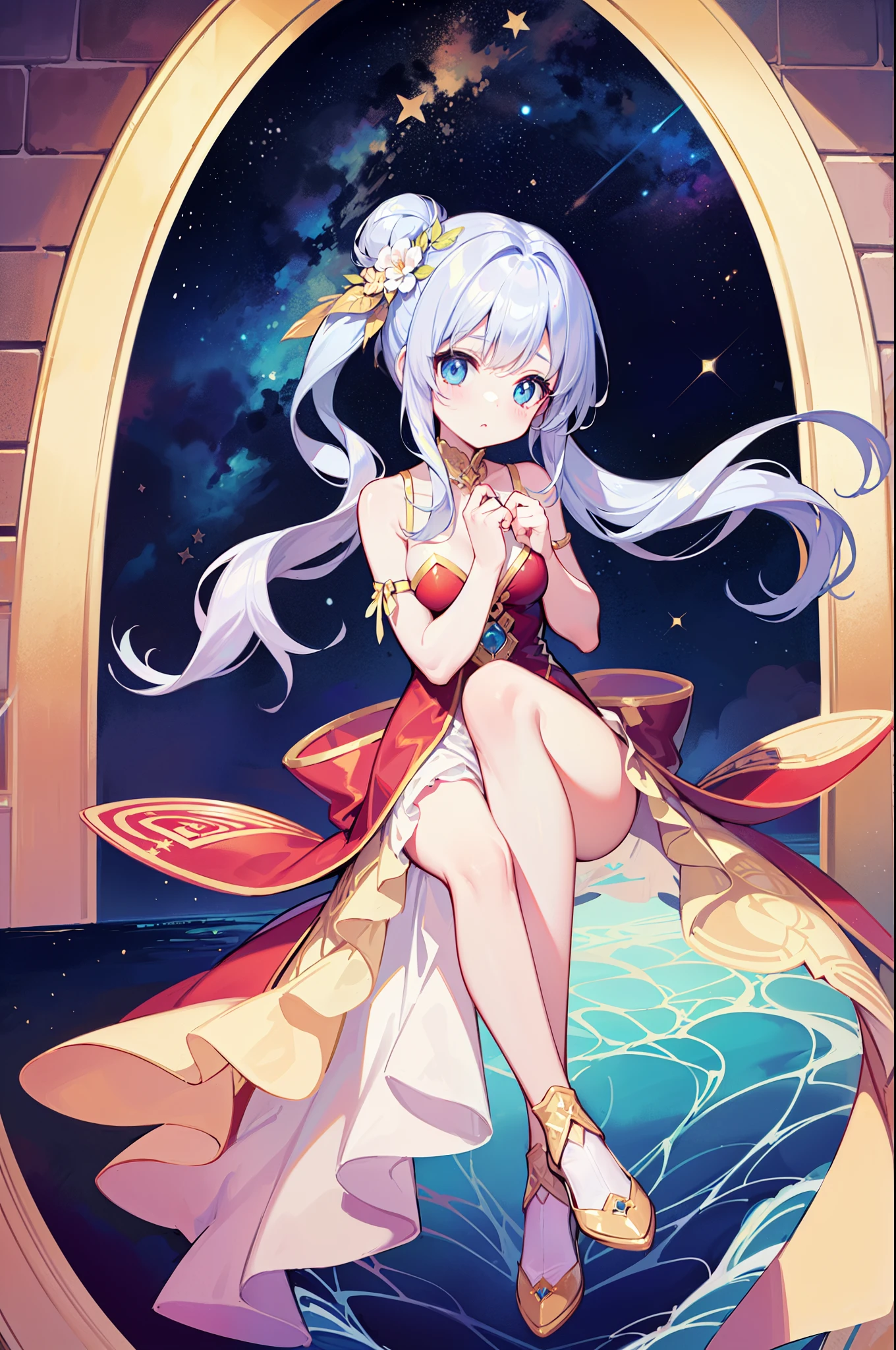 （masterpiece）、(highest quality)、((Super detailed))、(super delicate)、cute、Pastel colors hair、beautiful breasts、Gorgeous、fantastic sea of stars、Golden, silver, and deep blue dress