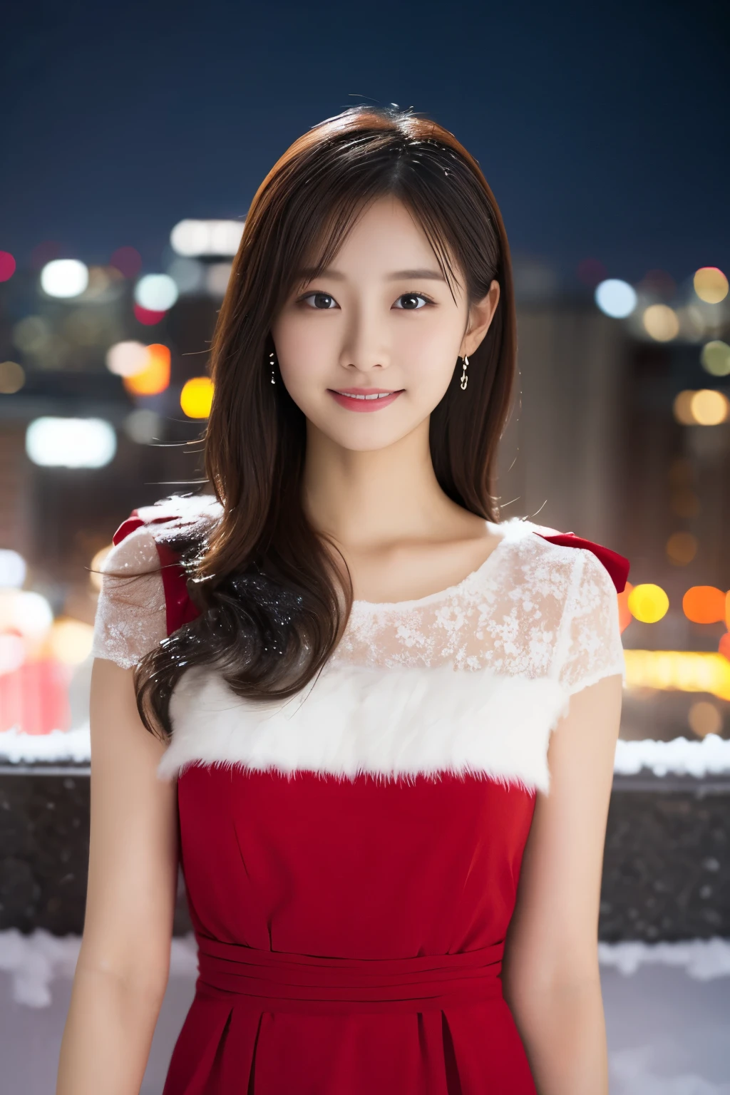 1 girl, (wearing a red dress:1.2), beautiful japanese actress,
(RAW photo, highest quality), (realistic, Photoreal:1.4), masterpiece, 
very delicate and beautiful, very detailed, 2k wallpaper, wonderful, 
finely, very detailed CG Unity 8K 壁紙, Super detailed, High resolution, 
soft light, beautiful detailed girl, very detailed目と顔, beautifully detailed nose, beautiful and detailed eyes, cinematic lighting, 
BREAK
(Against the backdrop of a snowy night cityscape 1.3), city lights, (Snow is flying:1.3), 
perfect anatomy, slender body, smile