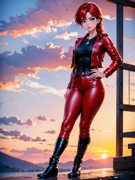 Garota anime ruiva vestindo red leather jacket and blue leather pants, 16 anos, corpo bonito, botas pretas, leather boot shoes, ...