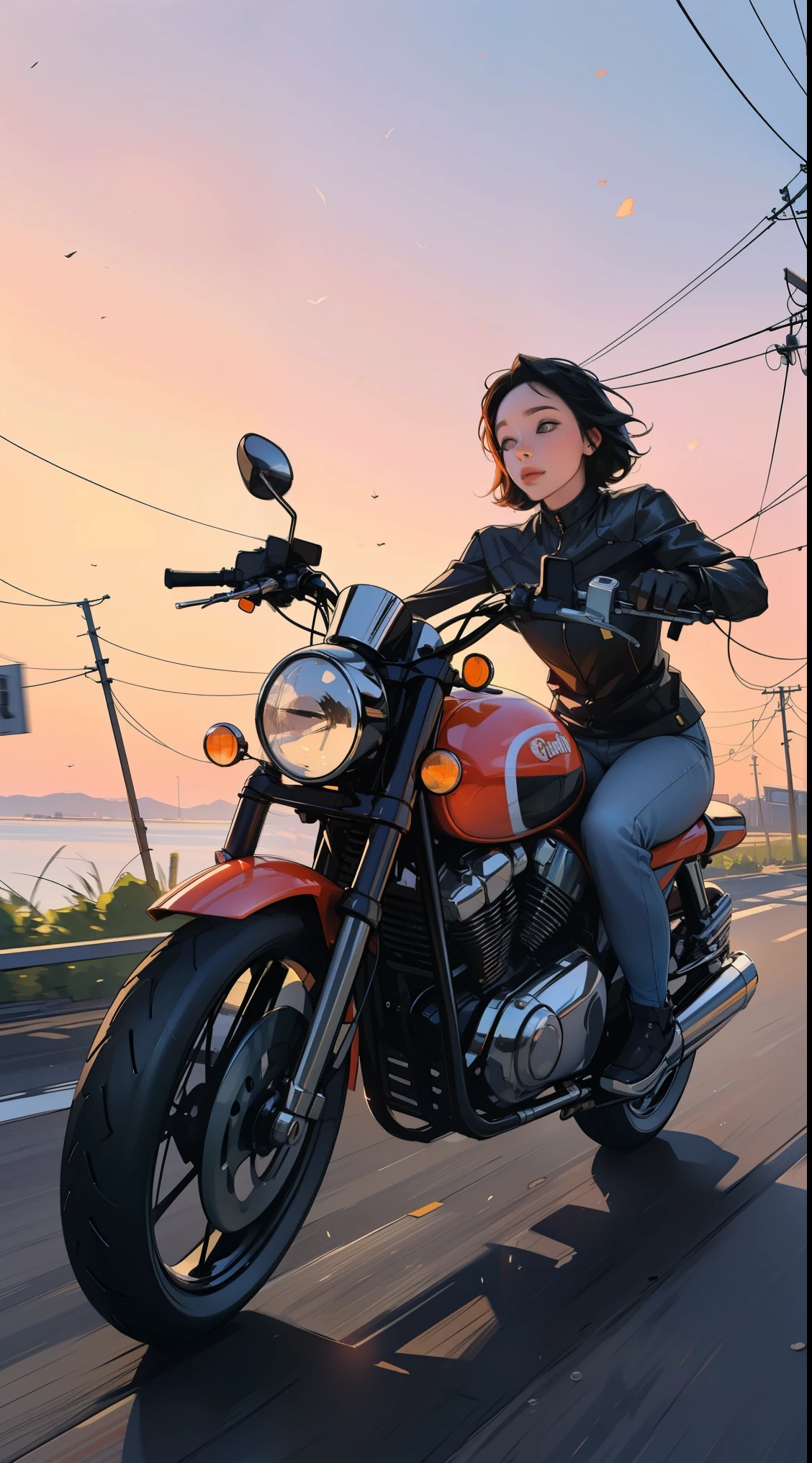 Uma mulher em uma motocicleta, pôr do sol, vazamentos de luz, ambient, tons fortes, 