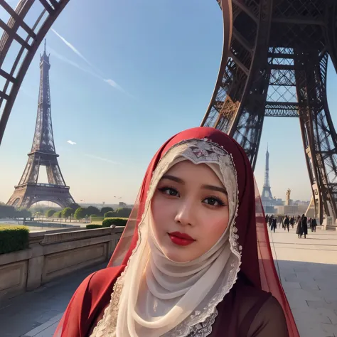 25 years old, Indonesian adult female veil, muslim long dress, in front of eifel tower, Bright light, in daylight, full hijab, red lips, realistic skin, realistic eyes, datailed face, close up