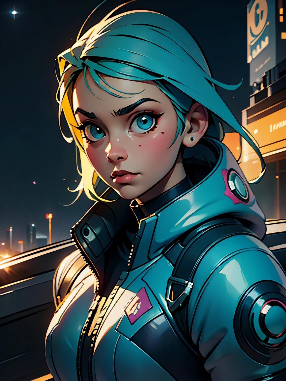 (عمل فني), جودة أفضل, دقة عالية جدًا,فتاة صغيرة, Cyberpunk 1girl تحلق فوق مناظر المدينة المذهلة ,كَبُّوت,شعر أزرق,  إطلاق النار على النجوم في لون النيون, شعر طويل جدا, من على الظهر, زخرفة ريشة الشعر, ألوان النيون, كاتب, سماء الليل المذهلة, الإضاءة السينمائية, واقعية, بشرة واقعية, تقرير التنمية البشرية,عين السمكة