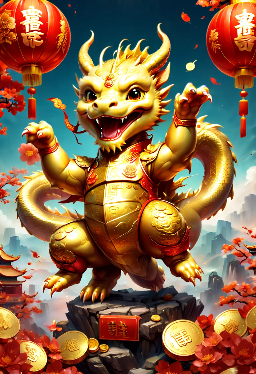 text "China", Chinese New Year "2024", dragon cub mascot, red clothes, Chinese bowing, spit out many golds, red envelopes, fireworks, confetti, strong festive atmosphere, Chinese elements, panoramic view, Ultra high saturation, (best quality, masterpiece, Representative work, official art, Professional, 8k)