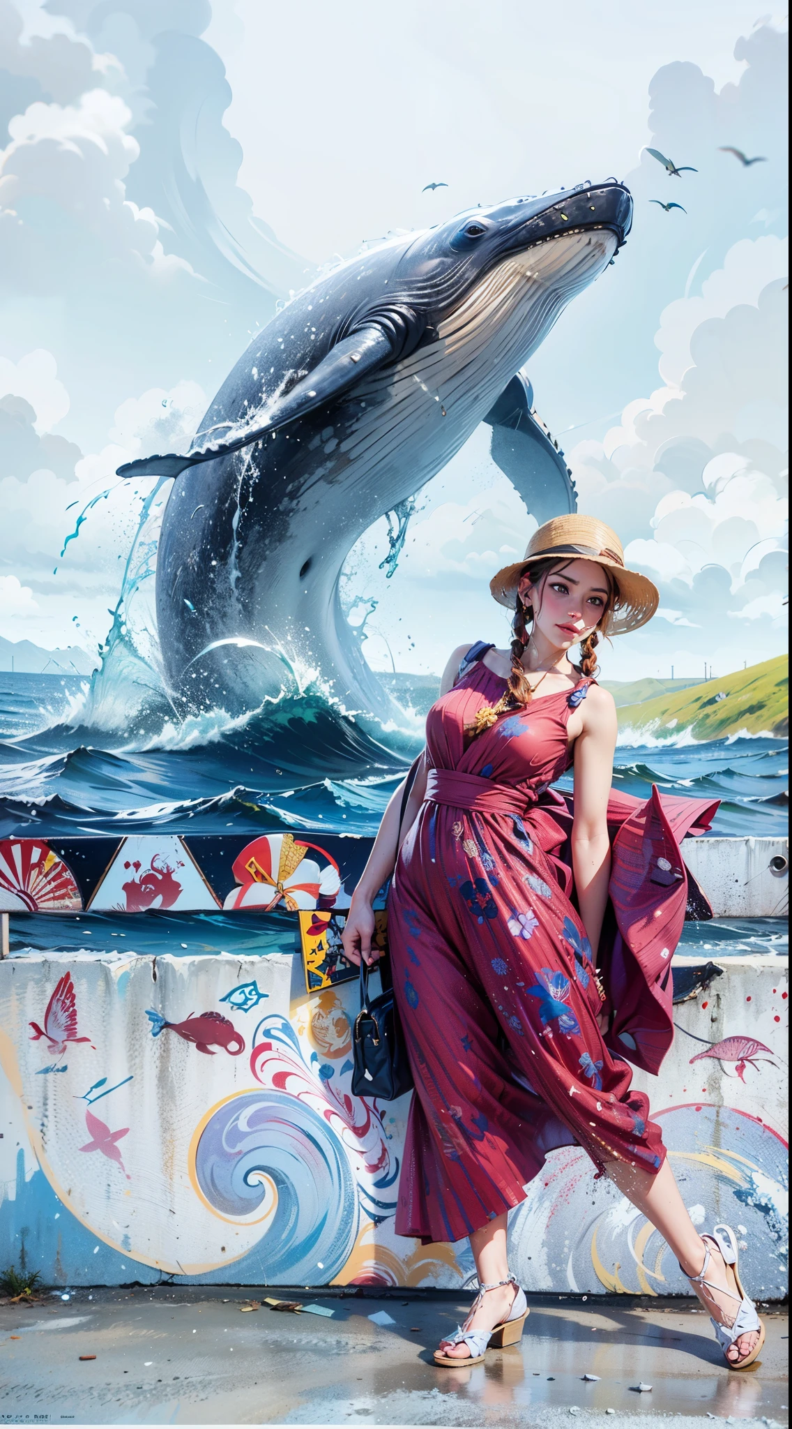 mulher,duas tranças,iluminação natural, braço direito segura uma bolsa,vestido vermelho, chapéu de praia, (ponte à beira mar), baleia-jubarte,((propagação da água e efeito VFX do vento)),(pintando arte de parede)