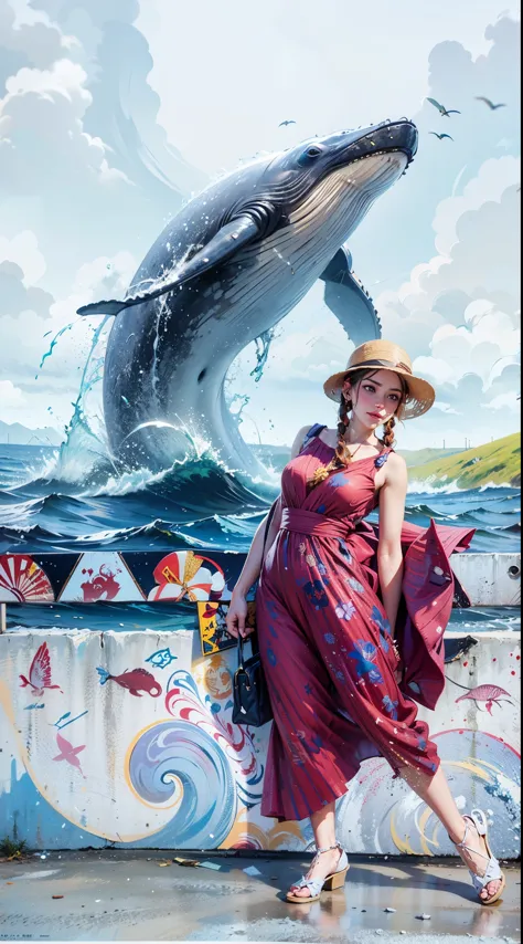 Woman,Two braids,natural lighting, right arm holds a bag,red dress, Beach Hat, (seaside bridge), humpback whale,((water spread a...