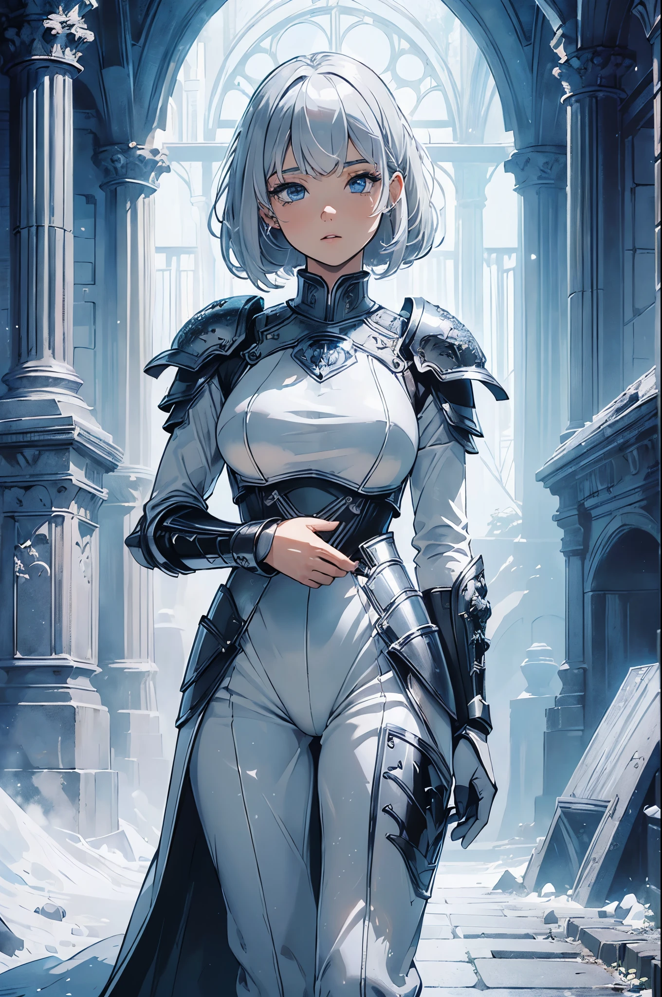 (((masterpiece))), (((best quality))), ((ultra-detailed)), (cinematic lighting), (illustration), (beautiful detailed eyes), (1girl), full body, space, knight, armour, light hair, walking, castle in distance, best quality, expressive eyes, perfect face, Girl: (20s, white hair, short hair, black jumpsuit, grey and blue armour),