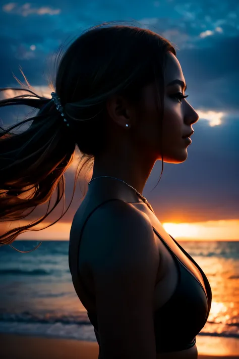high quality, 8K Ultra HD, A beautiful double exposure that combines an goddess silhouette with sunset coast, sunset coast shoul...