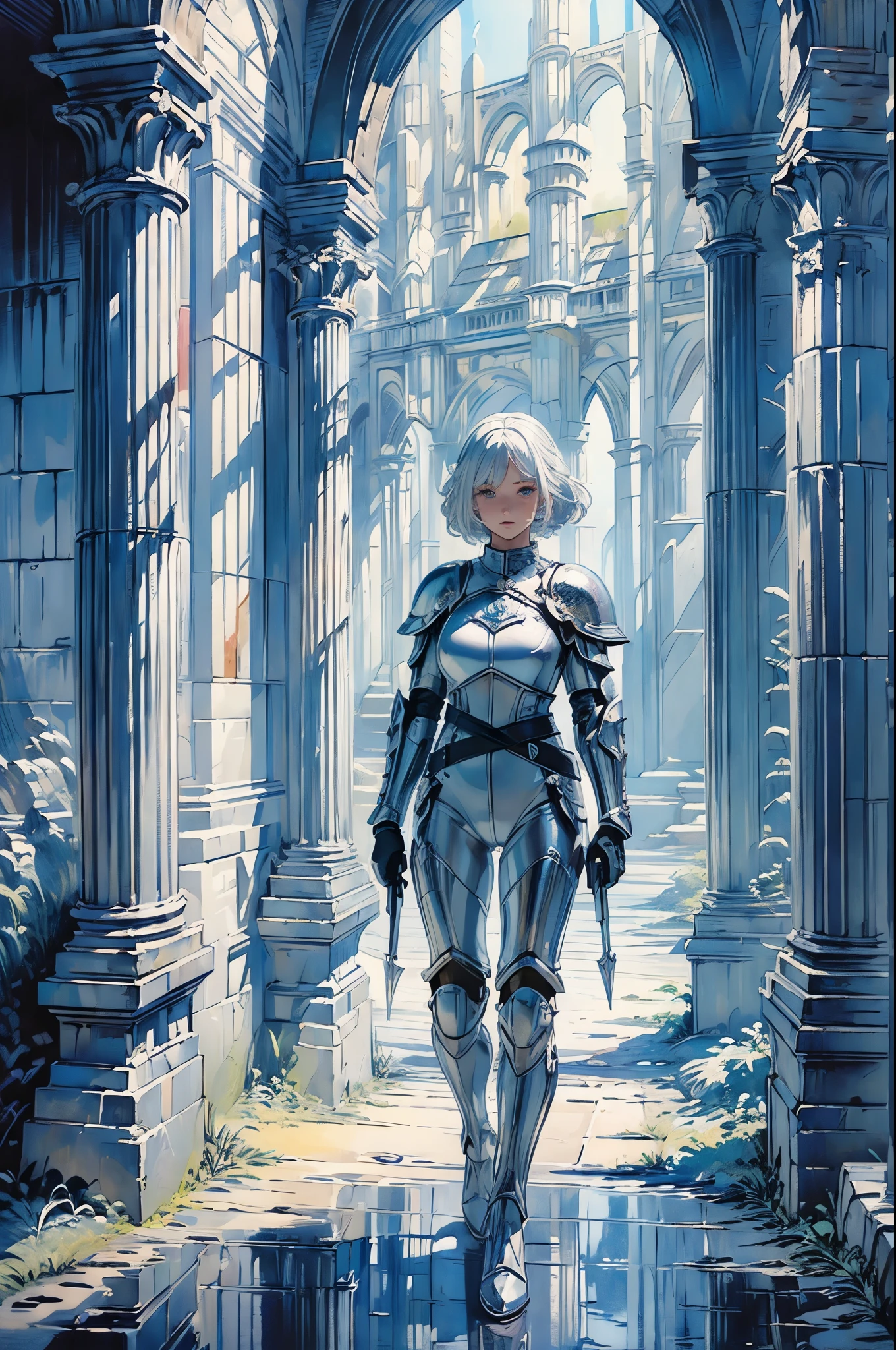 (((masterpiece))), (((best quality))), ((ultra-detailed)), (cinematic lighting), (illustration), (beautiful detailed eyes), (1girl), full body, space, knight, armour, light hair, walking, castle in distance, best quality, expressive eyes, perfect face, Girl: (20s, white hair, short hair, black jumpsuit, grey and blue armour),
