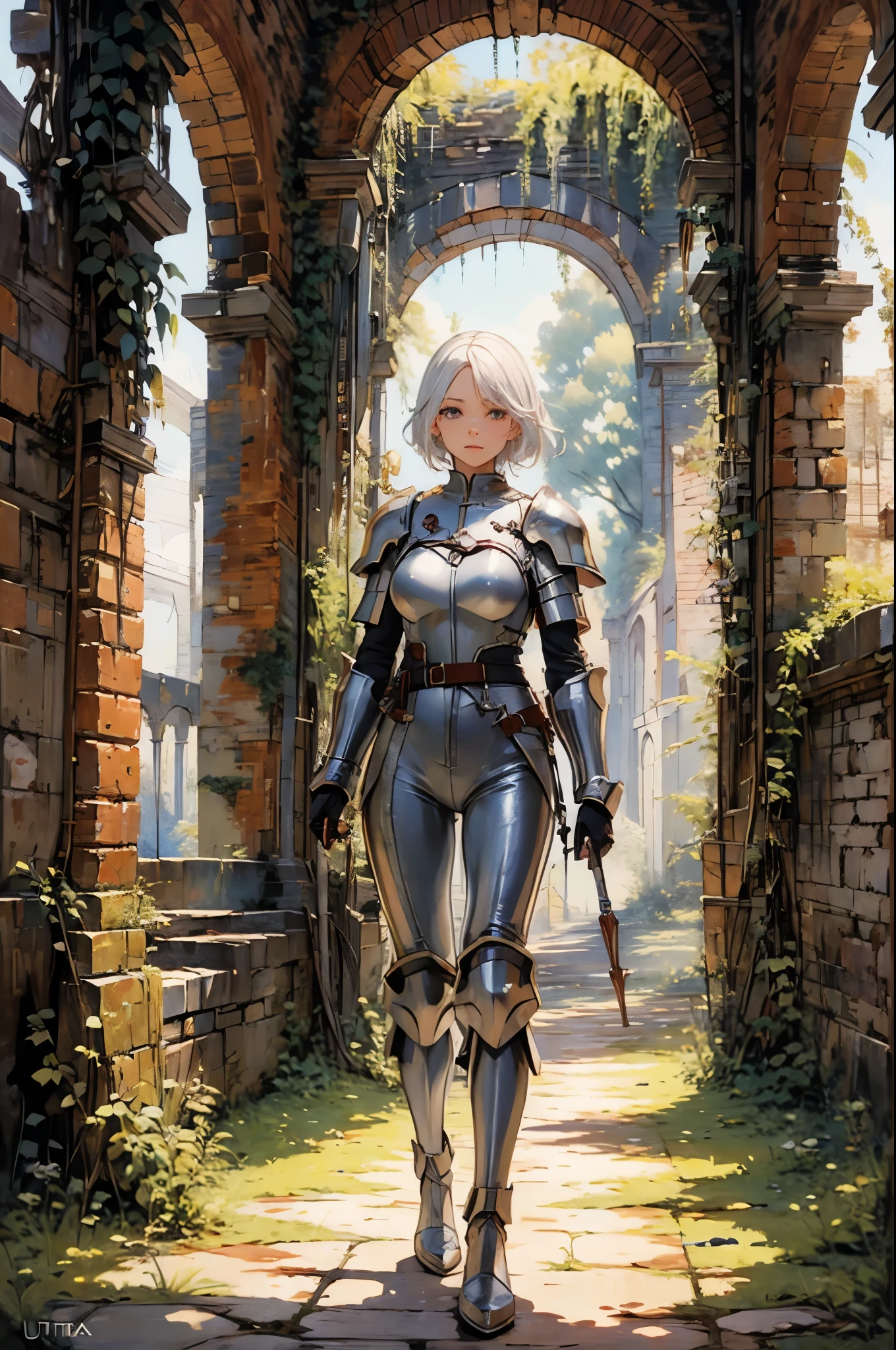(((masterpiece))), (((best quality))), ((ultra-detailed)), (cinematic lighting), (illustration), (beautiful detailed eyes), (1girl), full body, space, knight, armour, light hair, walking, castle in distance, best quality, expressive eyes, perfect face, Girl: (20s, white hair, short hair, black jumpsuit, grey and blue armour),
