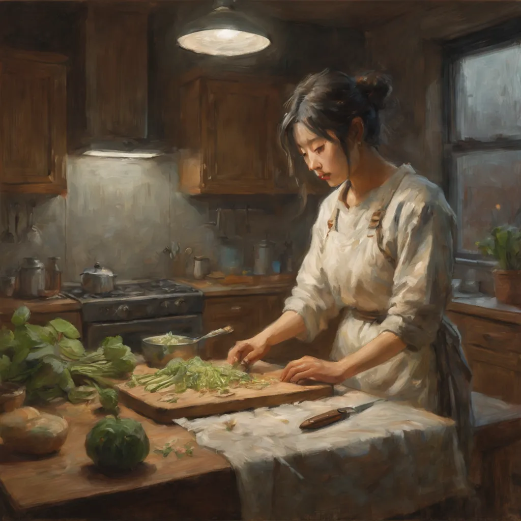 best quality, winter night scene , one japanese girl  in knit inner , white T-shirt , cutting Butterbur sprout on cutting board ...