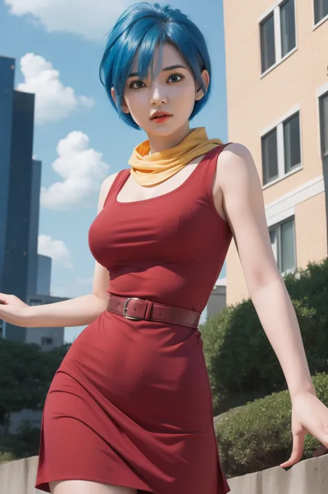 bulma from dragon ball, short blue haired woman realistic