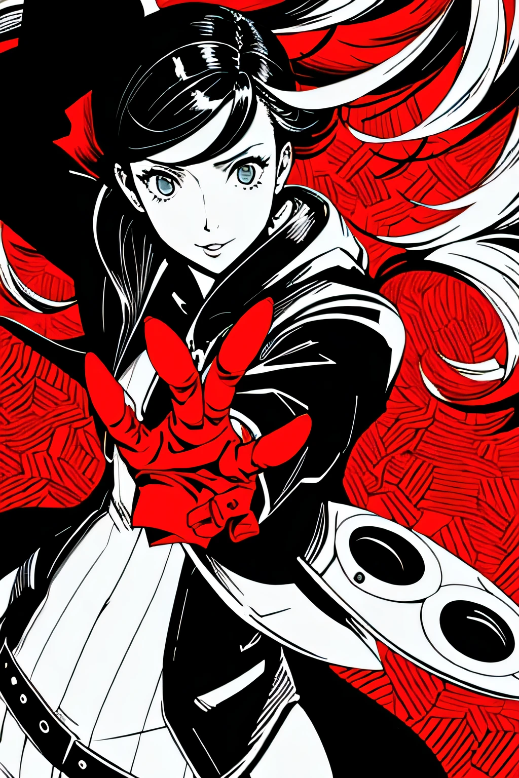 red_black_white,(masterpiece, highest quality:1.3), 1 girl, cel shading, bold outline, flat color, sharp shadows, graphic style, (Manga influence), beautiful line drawing, (striking visuals),colorful background