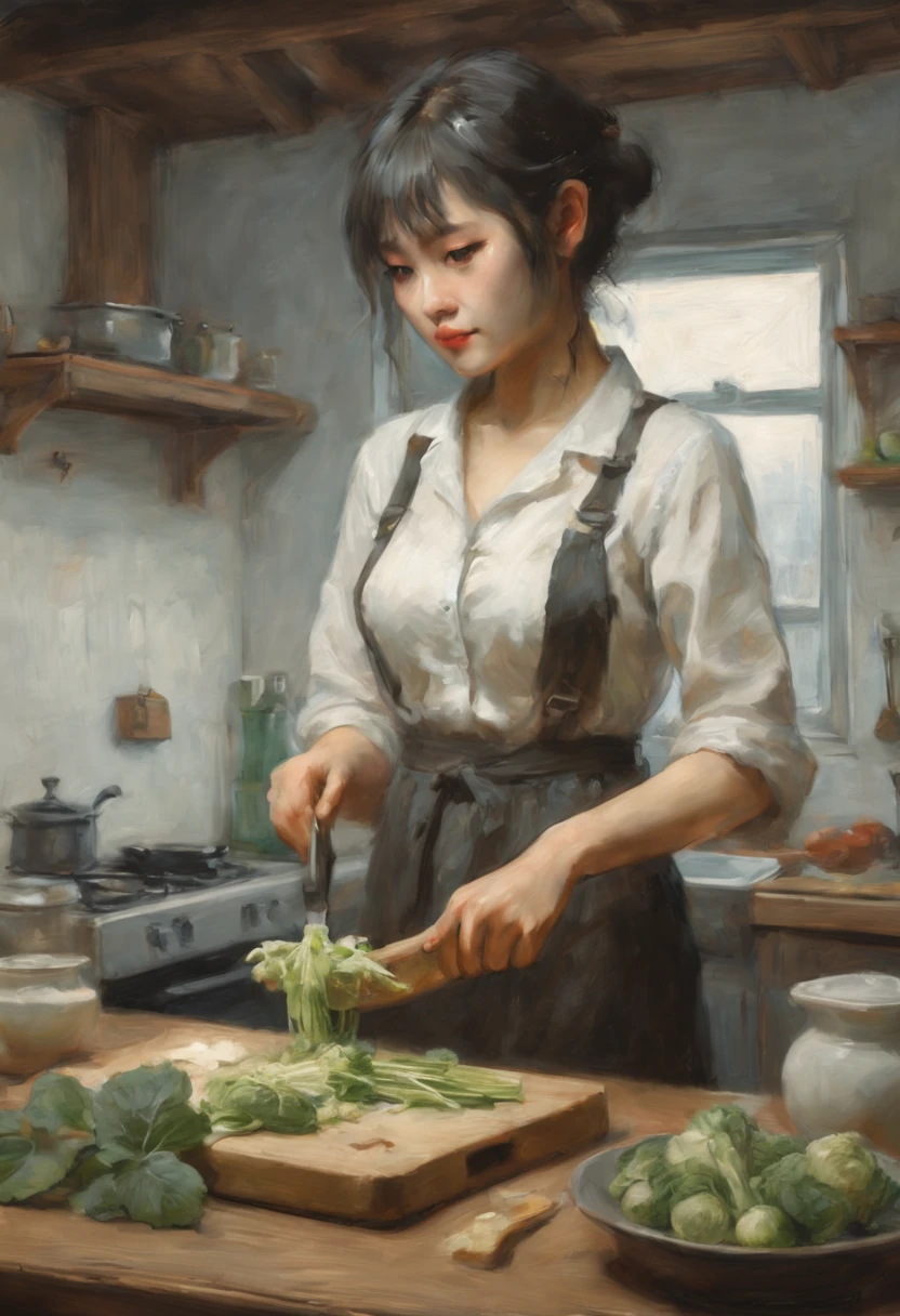 best quality, winter night scene , one japanese girl  in Lingerie  , white T-shirt , cutting Butterbur sprout on cutting board with a knife,  standing in kitchen ,  kawaii , big bright eyes , Looking at object in hand , Silhouette , view from bed, Long shot , Full body shot , shoot from side , cold atmosphere, delicate figure, warmth in cooking, seasonal ambiance , high-contrast , hyper realistic , ultra detailed , intricate detailed , 16k , masterpiece , finely detailed , ultra high res , Photorealistic , distinct , best aesthetic.