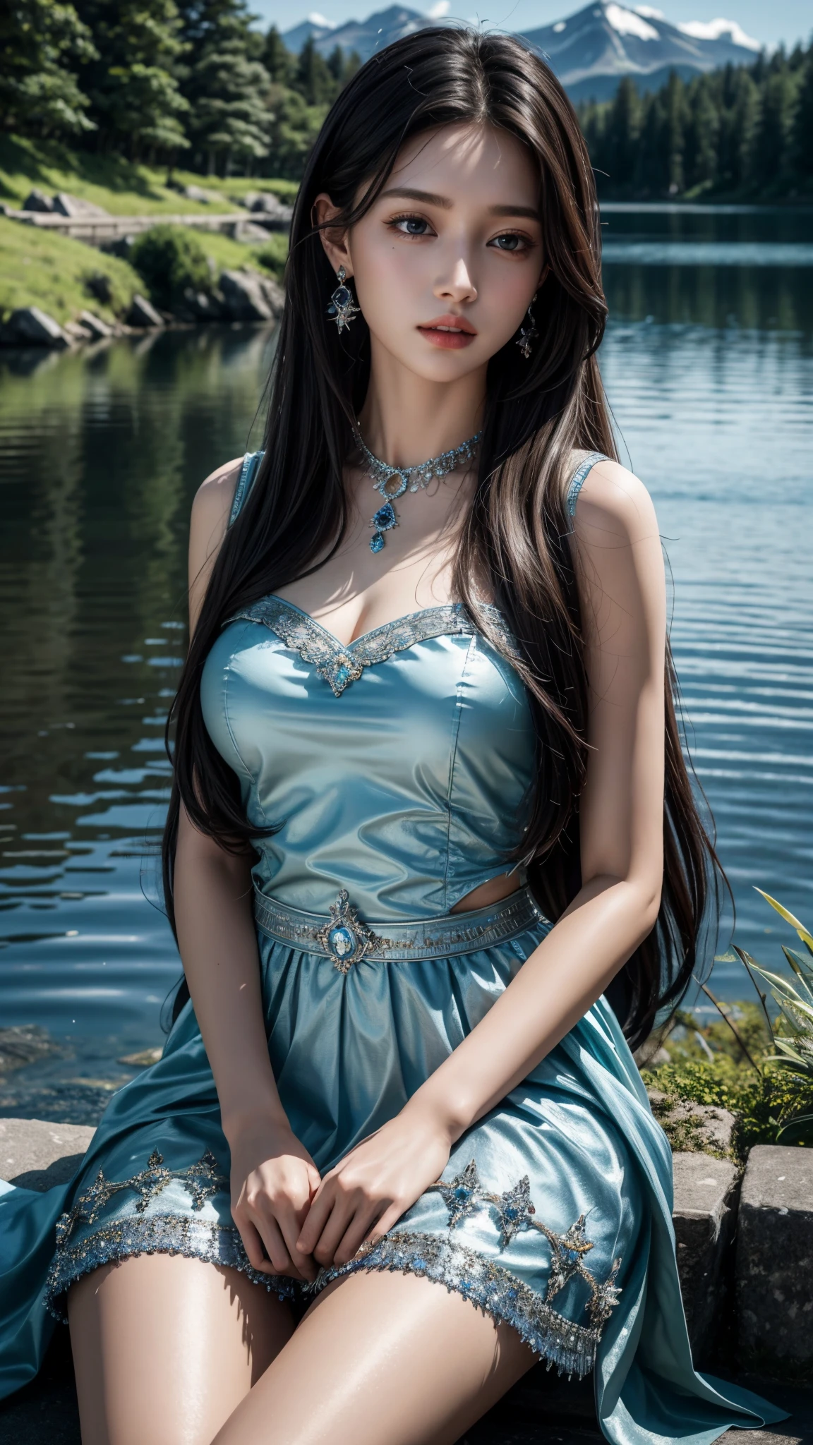 8K, ultra hd, masterpiece, very realistic, 1 girl, good face, very long hair, detailed eyes, detailed lips, medium breasts, very beautiful princes frock, blue frock, diamonds, jewellery, necklace, earring, lake, landscape, sitting,