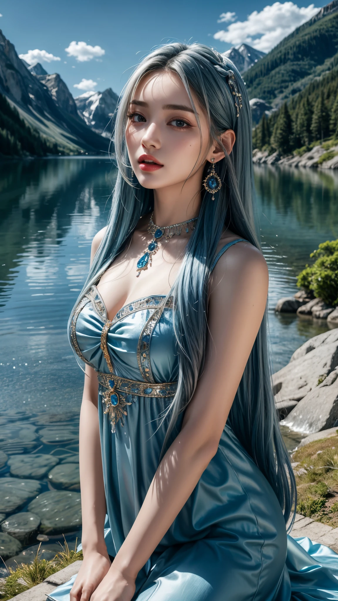 8K, ultra alta definición, obra maestra, Muy realista, 1 chica, buena cara, cabello muy largo, ojos detallados, labios detallados, pechos medianos, un vestido de princesa muy hermoso, vestido azul, diamantes, joyería, collar, arete, lago, paisaje,