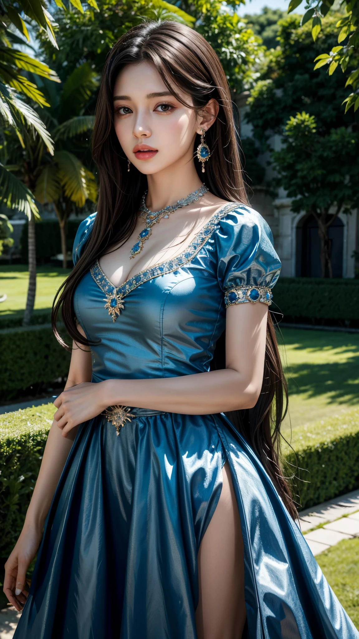 8K, ultra alta definición, obra maestra, Muy realista, 1 chica, buena cara, cabello muy largo, ojos detallados, labios detallados, pechos medianos, un vestido de princesa muy hermoso, vestido azul, diamantes, joyería, collar, arete, en el cielo, 